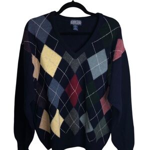 WOOL Lands' End Men’s Navy Argyle Navy/Multicolor V-Neck Sweater.